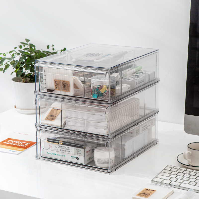 抽屉式桌面收纳盒塑料亚克力透明方形文件分格收纳多层带盖可叠加