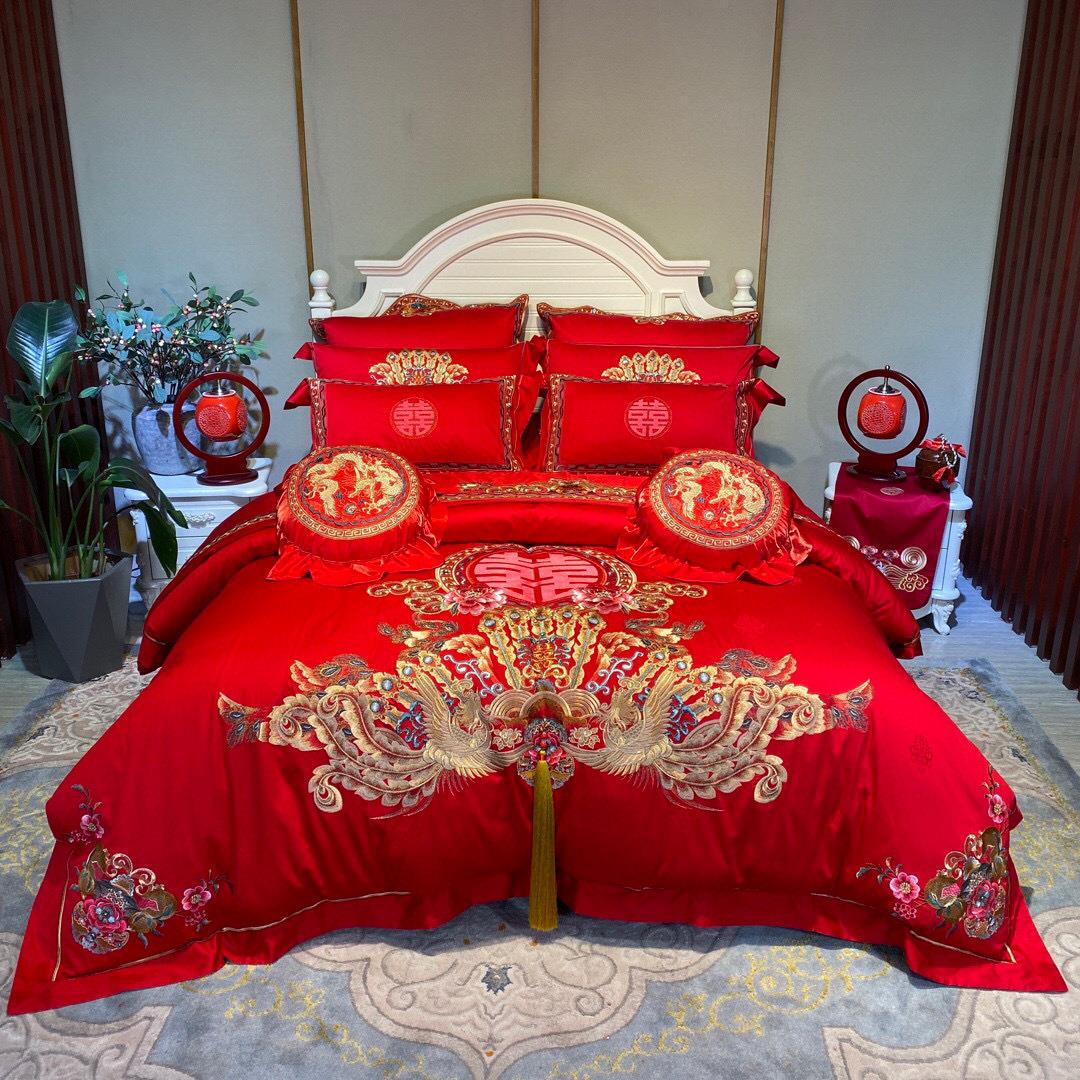 亦莱莎婚庆四件套大红色绣花结婚喜被新婚房床上用品六八十件套