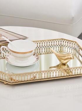 跨境铁艺玻璃镜面高级感盘子工艺品圆形轻奢金属收纳托盘装饰摆件