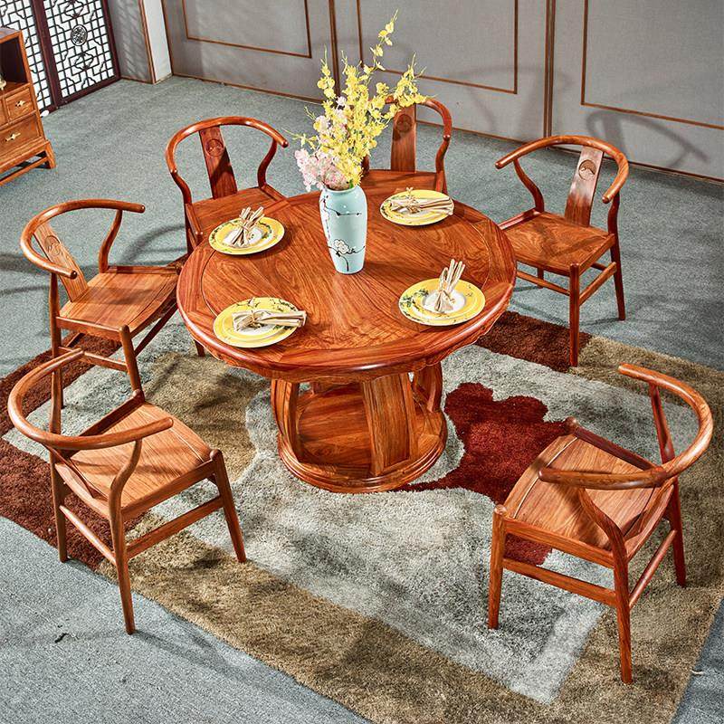 红木餐桌圆桌花梨木刺猬紫檀实木圆形餐桌椅组合中式家用仿古家具