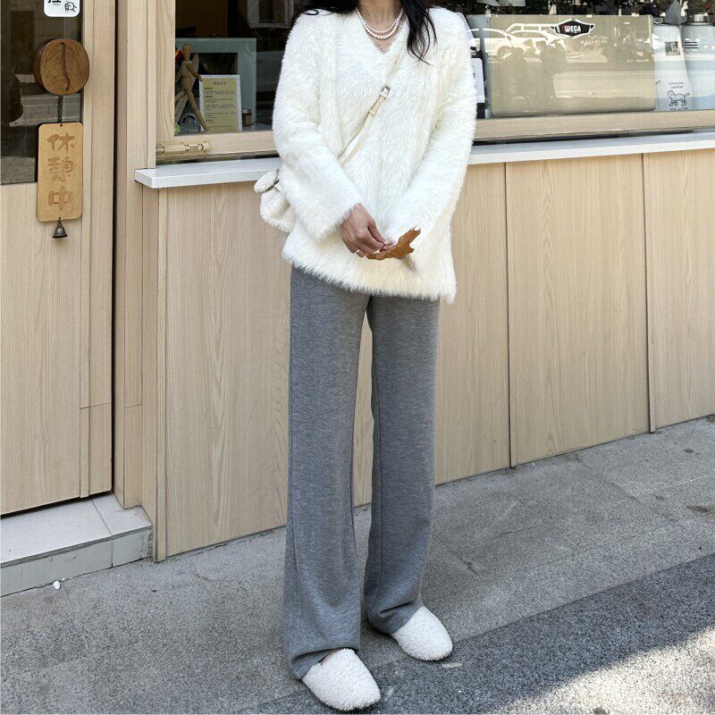 日系窄版针织阔腿裤女秋冬加厚高腰垂感小个子直筒裤灰色拖地裤子