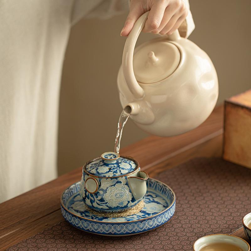 景德镇元青花牡丹大壶承茶托茶盘果盘汝窑开片养线陶瓷茶具配件