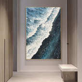 纯手绘油画蓝色肌理画大海客厅装 饰画高级沙发背景墙玄关挂画立体