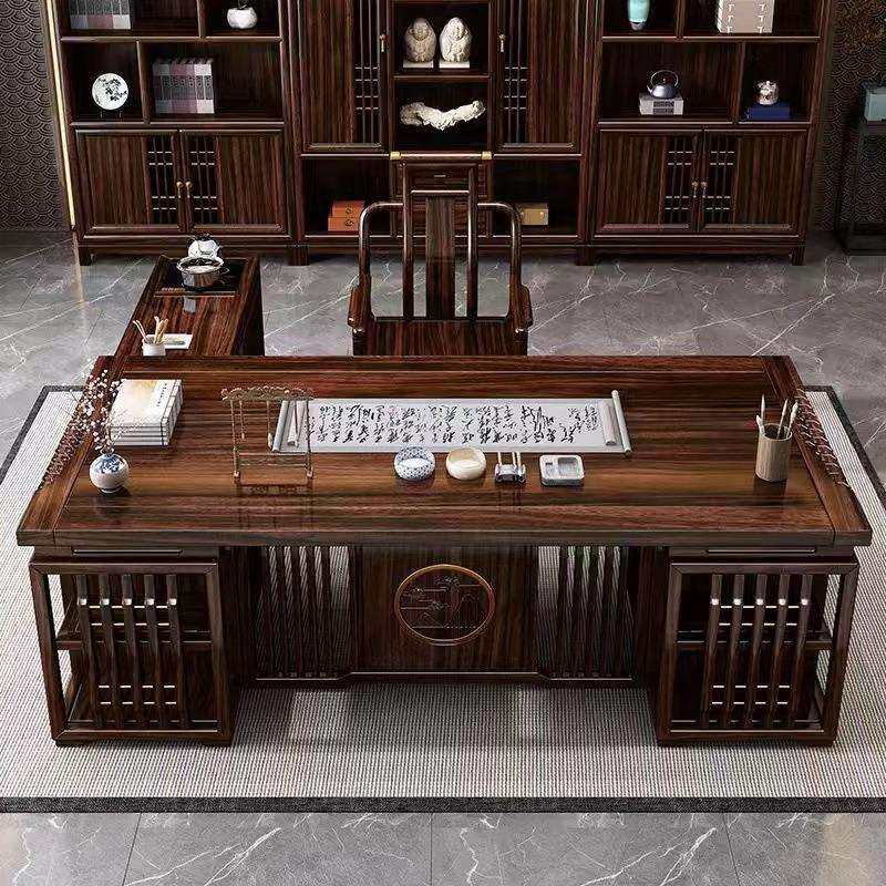 新中式全实木班台办公桌电脑桌老板桌乌金木家用书房书法桌写字台