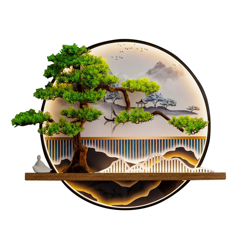 新中式迎客松入户玄关装饰发光壁挂会所展厅挂件客厅沙发墙面壁饰