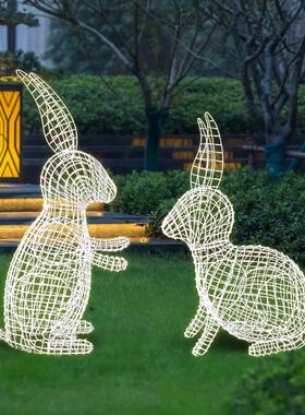 景观不锈钢镂空小兔子雕塑户外园林网格钢丝铁艺动物摆件装饰