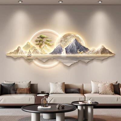 流水生财客厅装画奢档高沙发背景墙挂画新中式大气山ZA0510水饰壁