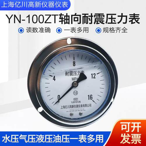 yn100zt轴向带边耐震压力表0-0.6/1.6/25/40/60mpa背接面板式安装