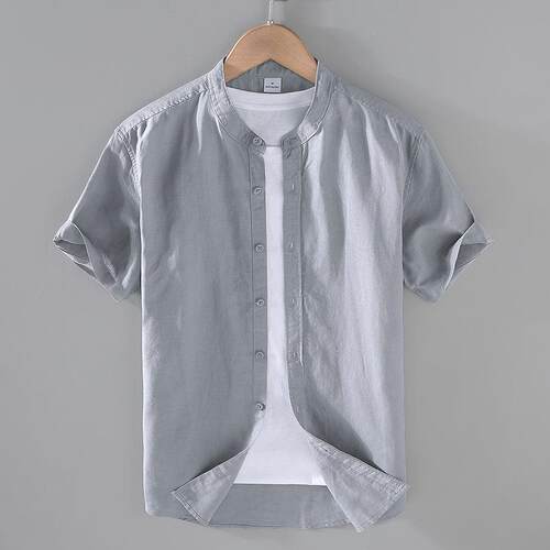 Men's Chinese style linen short sleeved shirt, men's stand