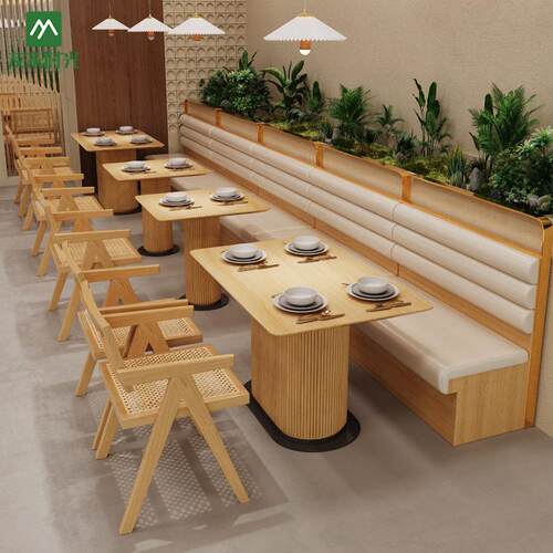 咖啡厅桌椅实木编藤椅连锁主题餐厅西餐厅卡座沙发工业风桌椅