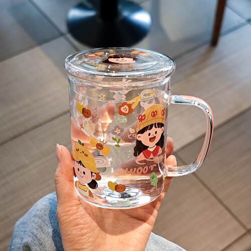 高颜值女生吸管玻璃杯带盖子家用可爱喝水杯耐高温茶水分离过滤杯
