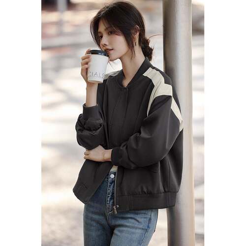 简约风休闲圆领棒球服女2025年秋季新款通勤短款撞色拼接夹克外套