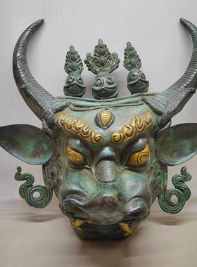 精品古玩铜器居家客厅装饰工艺品仿古青铜器鎏金牛头挂件玄关摆件