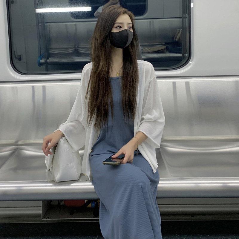 欧洲站春装女2025年新款御姐轻熟风小众蓝色吊带洋装子两件式套装