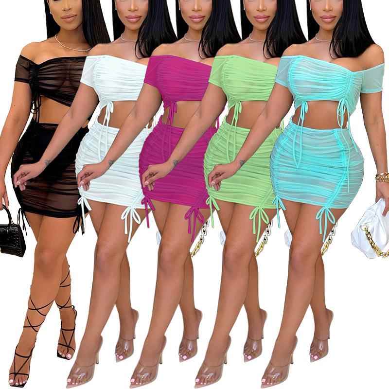 suit skirt drawstring see-through mesh drawstring pleated