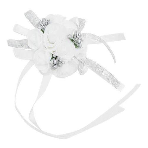 White Wedding Wrist Flower With Pearl Ribbon Design