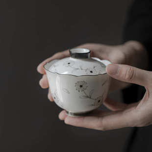 陶瓷主泡碗单个家用防烫手抓碗 宜室茶话亚光釉小雏菊盖碗茶杯中式