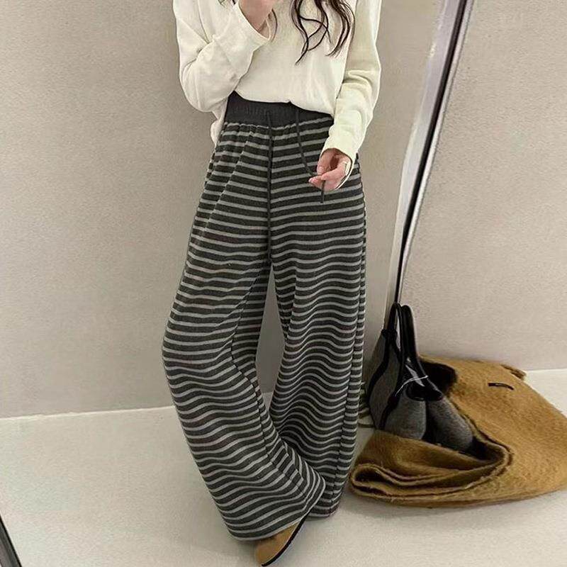 撞色条纹阔腿裤女秋季新款抽绳高腰垂感女裤宽松慵懒感直筒休闲裤