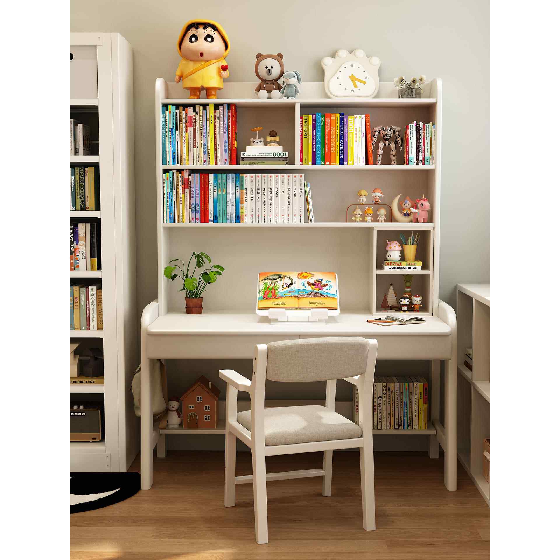 实木书桌书架一体卧室书房电脑桌学生家用写字桌可升降儿童学习桌