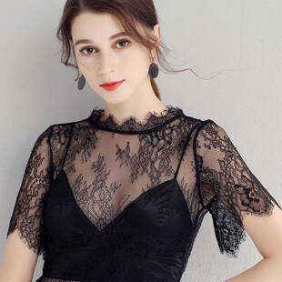 网内半袖 春夏黑色蕾丝女士衬衫 裁剪风格 薄时尚 上衣0325z 短袖