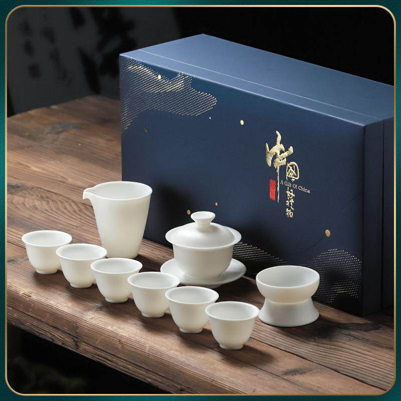 高档德化羊素烧玉白瓷奢茶具套装轻高档家用功夫茶茶杯盖碗脂陶瓷