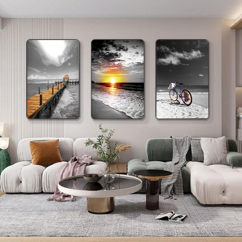 新款直销三联海景画客厅画沙发背景墙装饰壁画大海边日出风景竖版