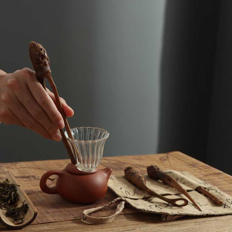 竹根茶具四件套 含茶匙茶针茶夹搁置 浙江竹雕刻把玩