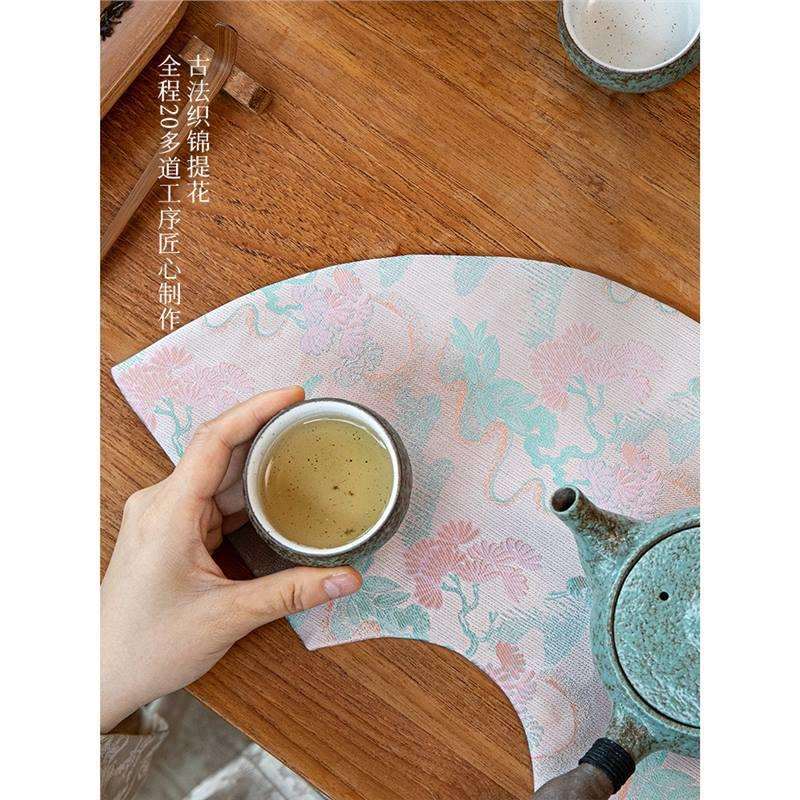 新中式扇形茶席防水茶台麻布艺粉色轻奢高端禅意茶几桌布茶桌垫布