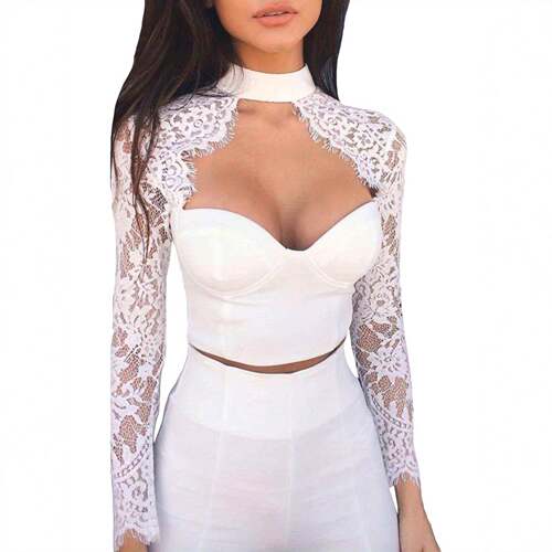 Women Sexy Lace Patchwork Tops Long Sleeve Push Up