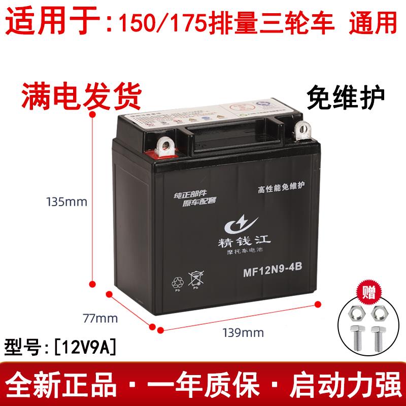 三轮摩托车电池110/150/175宗申隆鑫免维护蓄电池12V9A干电瓶通用