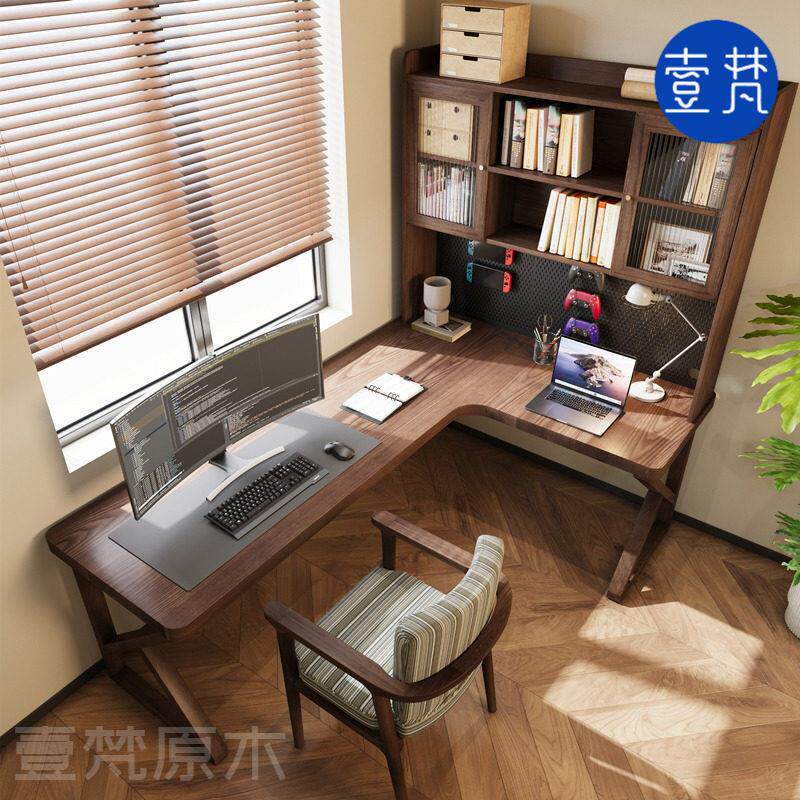 中古长条转角书桌带玻璃柜大板双人L型电脑桌实木拐角办公工作台