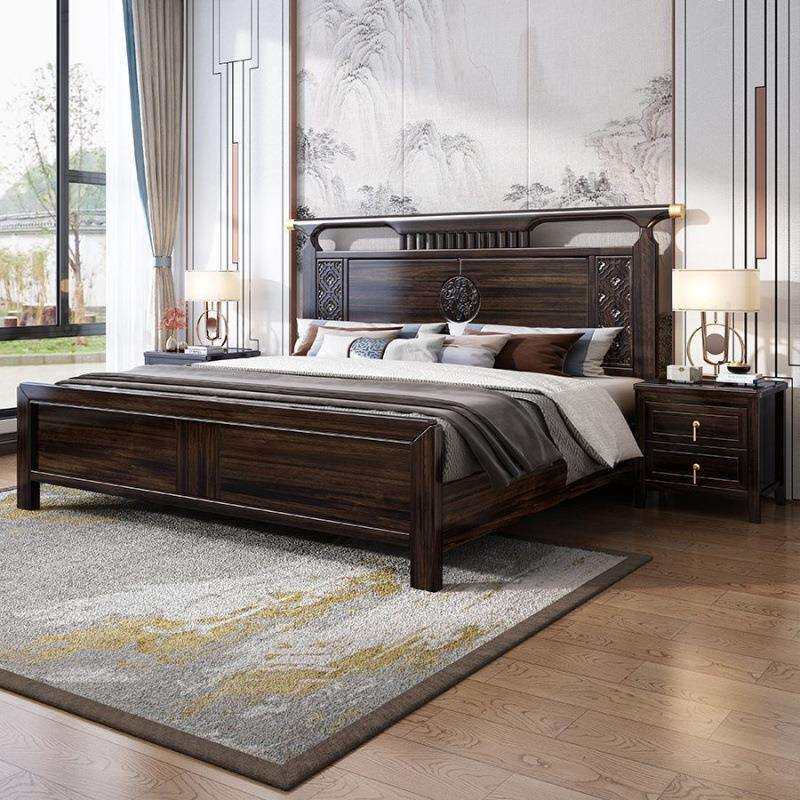 新中式实木床组合乌金木1.5m1.8m双人床中国风主卧婚床家用储