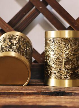 黄铜笔笔筒笔摆件五牛筒百福筒办公室书桌BSP房中式桌书面装笔笔