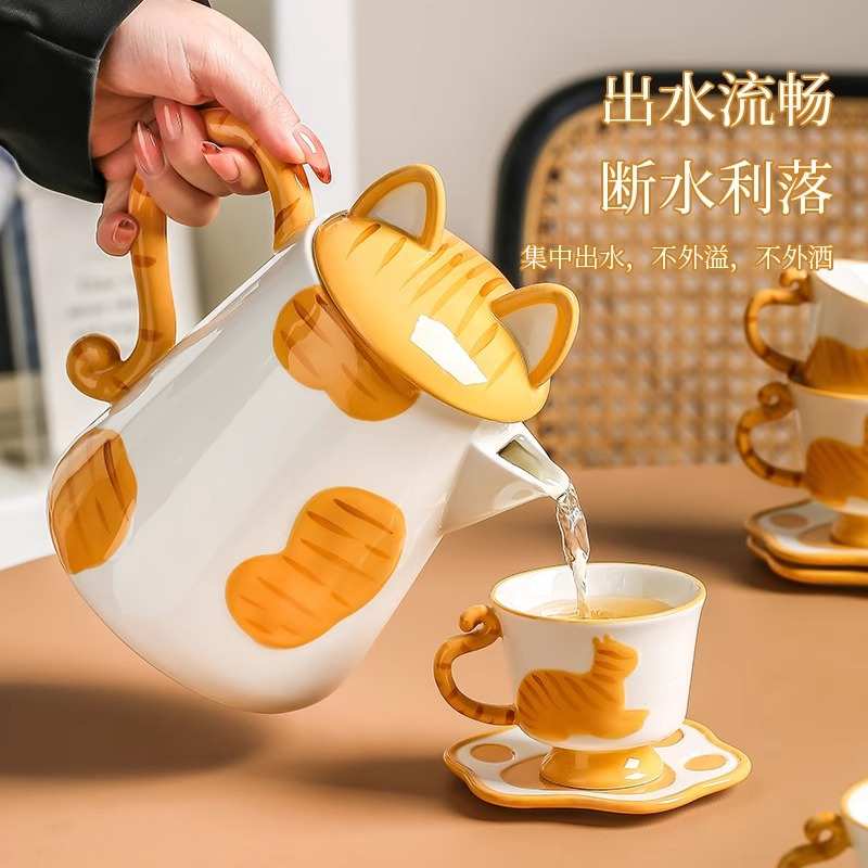 可爱猫咪陶瓷水杯套装个性橘猫茶具乔迁送礼整套杯子精致茶杯组合