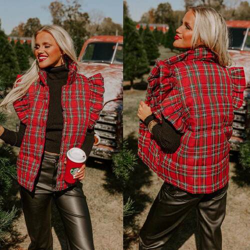 Sleeveless plaid cotton vest jacket for women