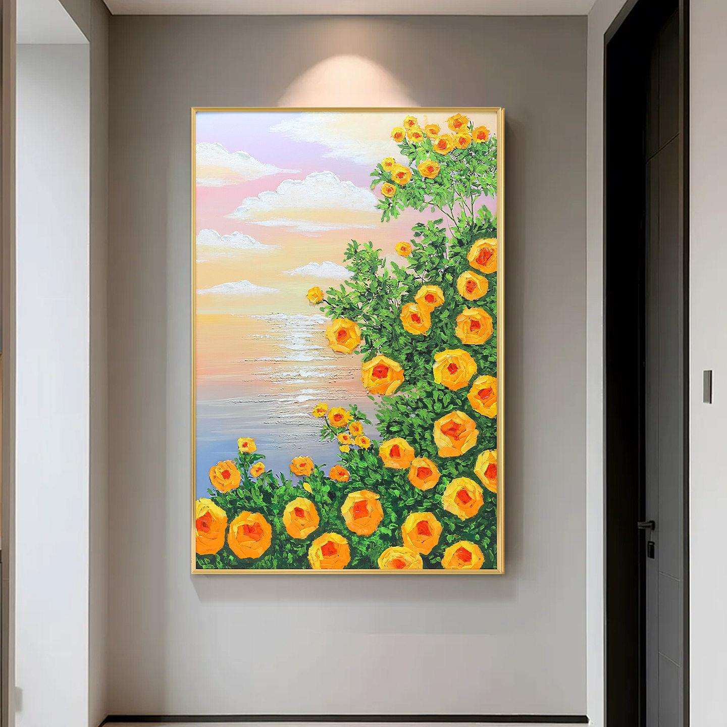 手绘油画入户玄关装饰画手工立体走廊挂画玫瑰花卉壁画外贸