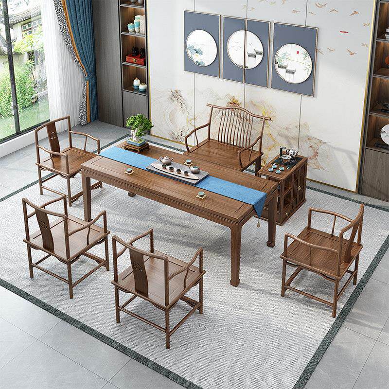 榆木茶桌椅组合茶几桌新中式客厅泡茶桌家用原木茶台马蹄桌茶道桌