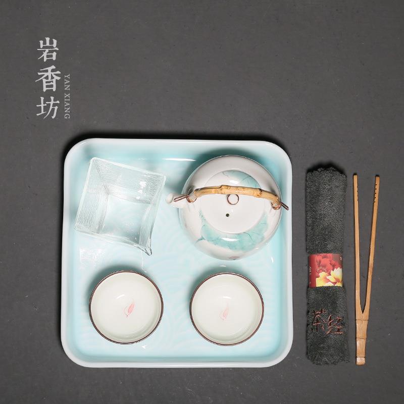 岩香坊 手绘釉下荷花提梁壶一壶二杯小套装陶瓷家用储水茶盘套组