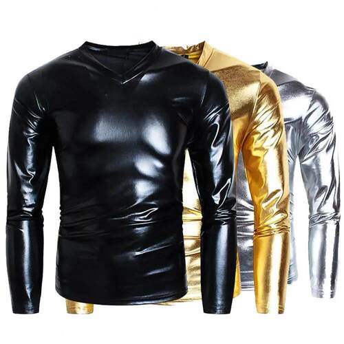 Men T-shirt Glossy Appearance Solid Color Long Sleeve Top V