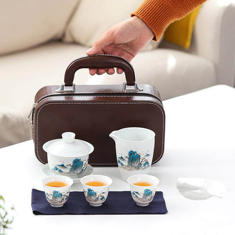 德化白瓷旅行茶具套装盖碗茶杯户外便携式功夫茶具小套组商务礼品