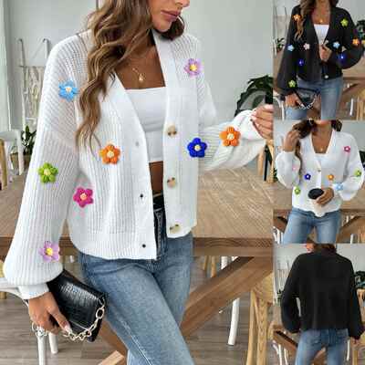Women'S Floral Patched Crop Sweater Cardigan, Casual Long