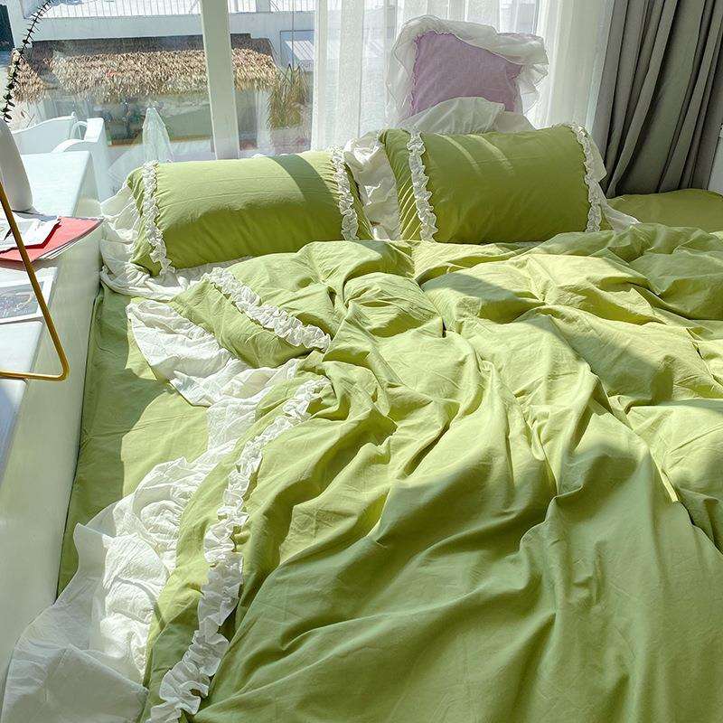KBQ1抹茶芝士绿~床上四件套荷叶边被套公主淑女风水洗棉床裙款