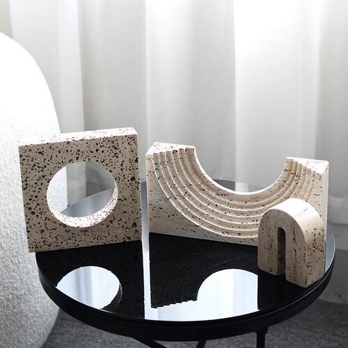 仿黄洞石艺术几何摆件桌面工艺品摆设别墅客厅样板间电视柜装饰品