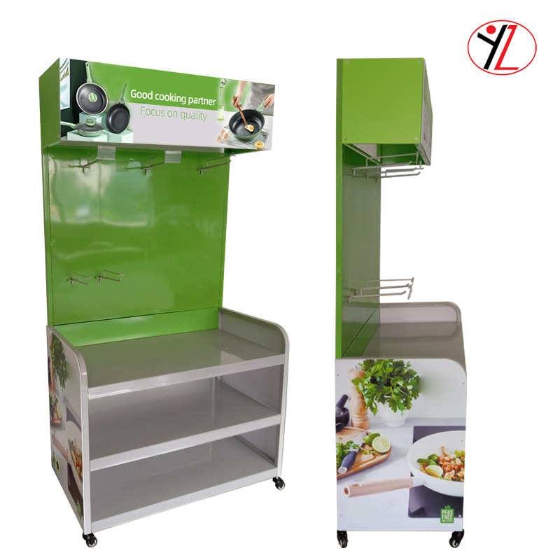超市陈列厨房用具平底锅展示架超展架灯箱带厨具商货架促销广告架