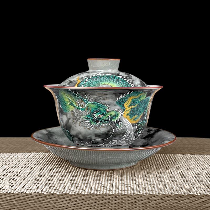 景德镇老陶泥墨彩穿云龙三才盖碗功夫茶碗带盖子茶杯陶瓷家用泡茶