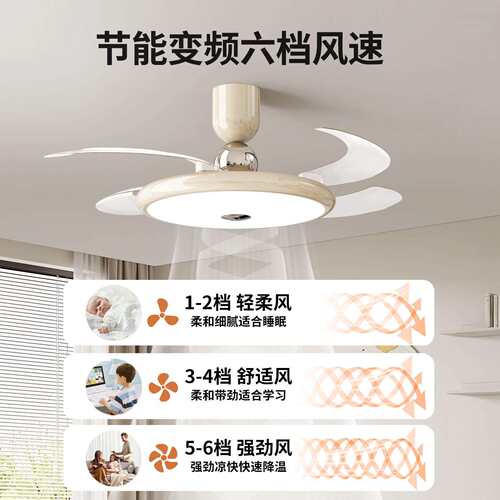 法式中古风餐厅隐形风扇灯胡桃木色餐厅卧室灯客厅吊扇吸顶灯412L