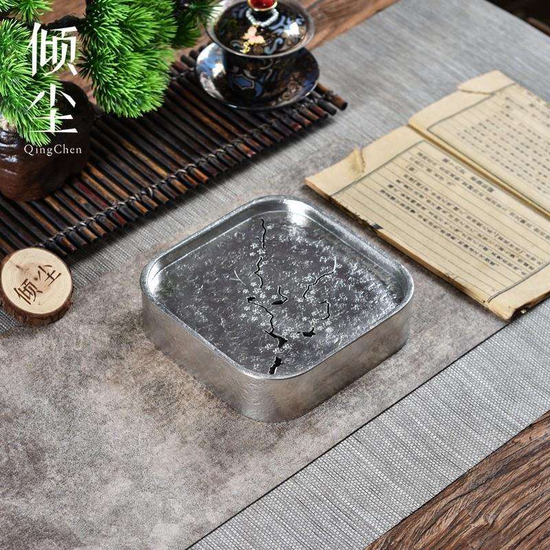 方形素梅花纯锡壶承 全手工小方壶承 储水茶盘 纯锡茶台 四方茶盘