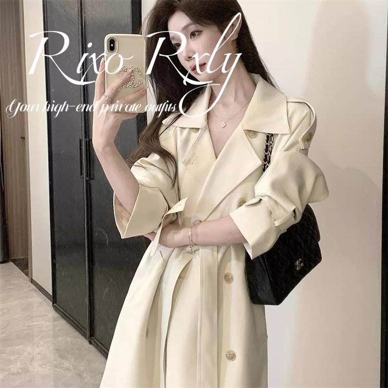 RIXO RXLY英伦风米白色中长版风衣女春秋季小众设计感双排扣大衣