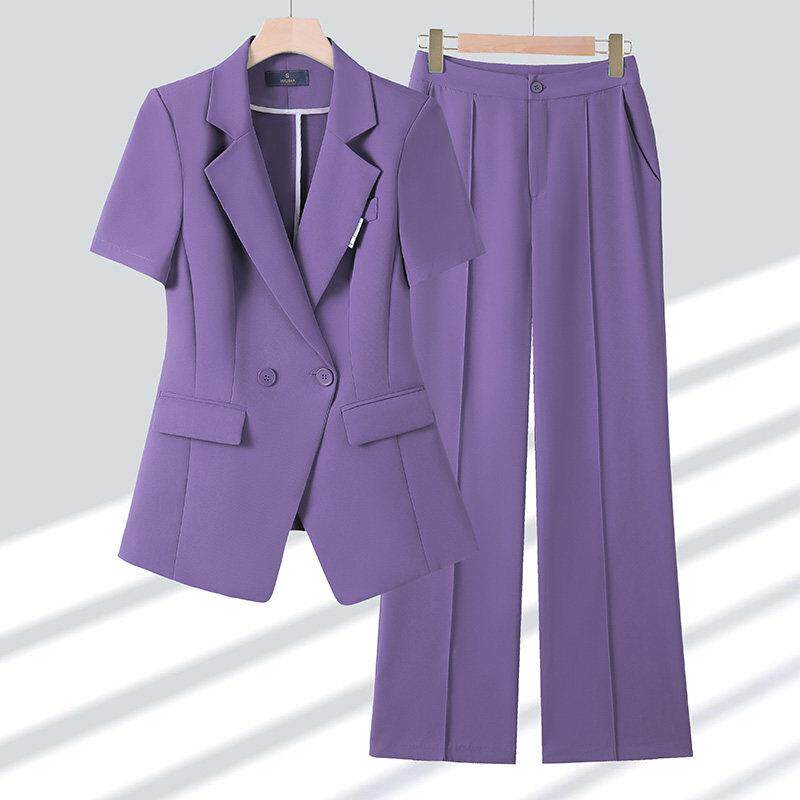 紫色短袖西装外套女夏薄款2026新款工作服女职业气质正装西服套装