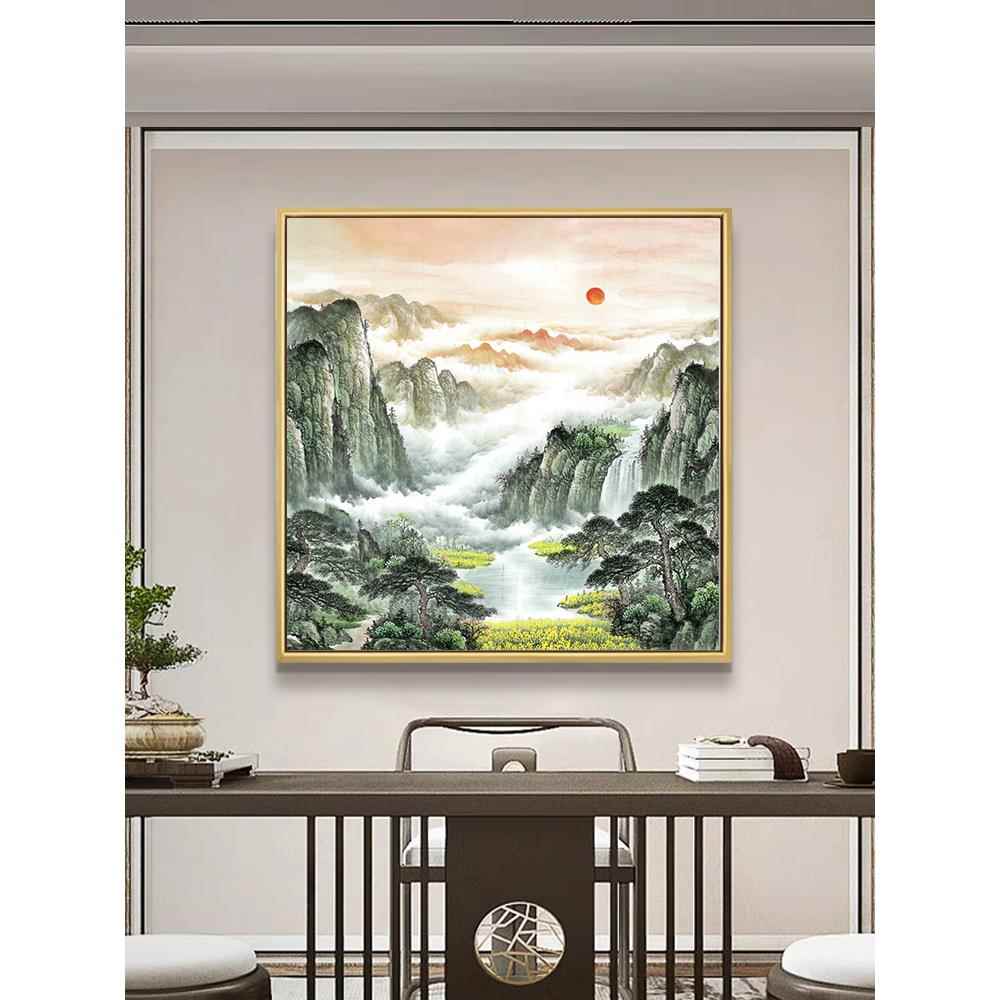 正方形挂画靠山字画小幅卫生间装饰画玄关新中式旺财山水风景壁画图片